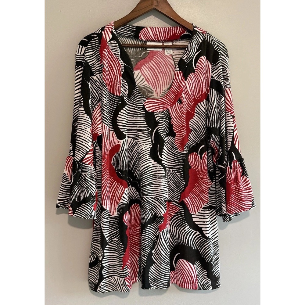 Chicos Travelers 3 Tunic Top Blouse Flare Sleeve Floral Slinky Office Career XL